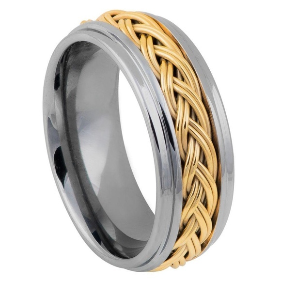 New 8mm Tungsten wedding band unisex yellow gold plated double braid inlay sz 9